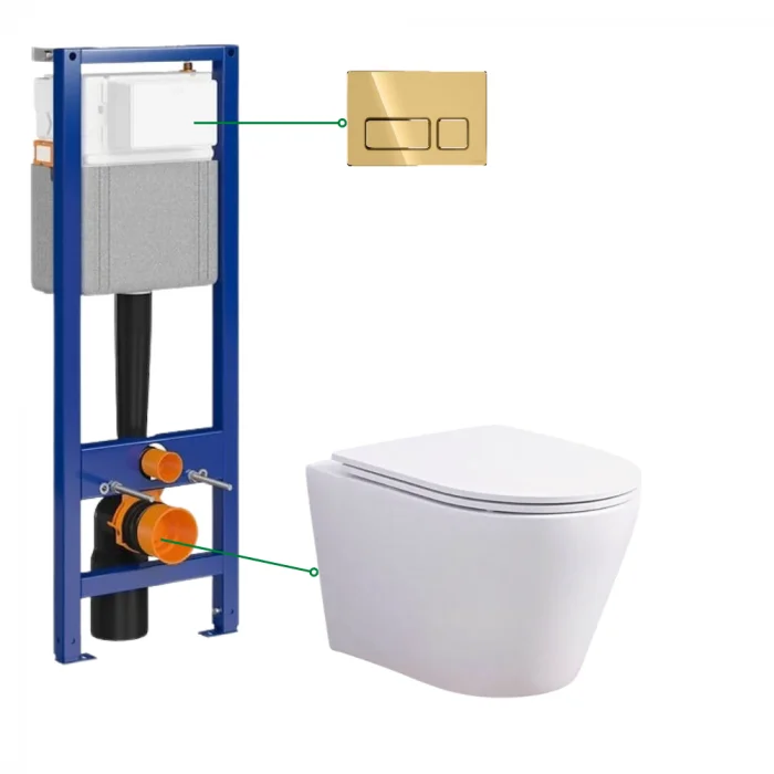 Set vas wc rimless suspendat, asimetric, cu capac softclose, Oslo Foglia, rezervor incastrat si clapeta aurie Cersanit Block