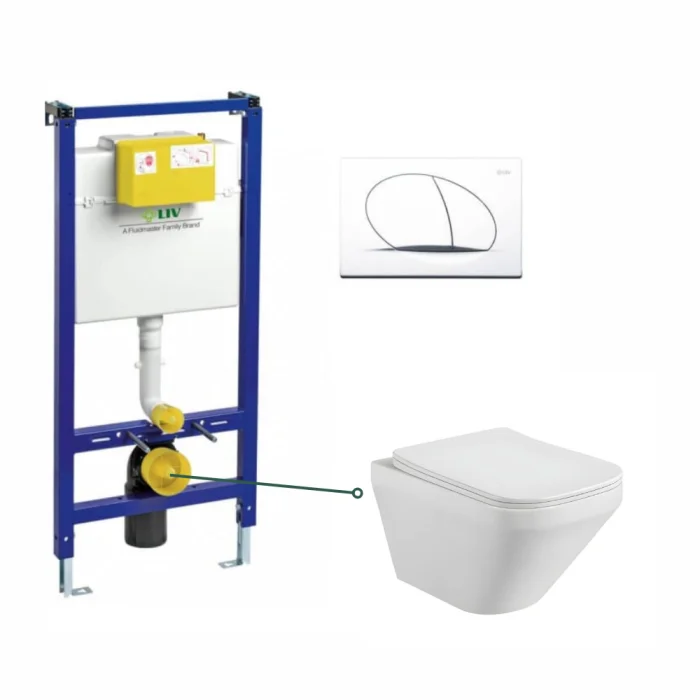 Set vas wc rimless suspendat, dreptunghiular, capac slim softclose, Foglia Bristol, rezervor WC incastrat Liv Jog si clapeta alb mat Selenite Duo