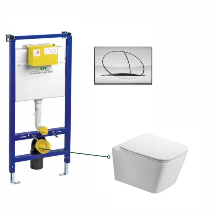 Set vas wc rimless suspendat, dreptunghiular, capac softclose Foglia Safari, rezervor incastrat Liv Jog cu clapeta crom lucios Selenite Duo