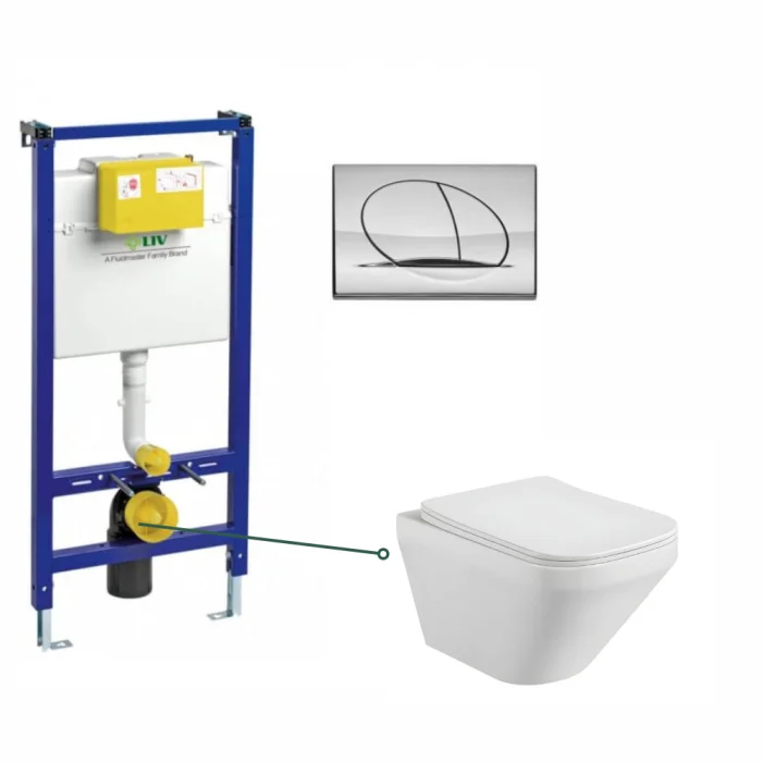 Set vas wc rimless suspendat, dreptunghiular, cu capac slim softclose Foglia Bristol, rezervor incastrat Liv Jog cu clapeta crom lucios Selenite Duo