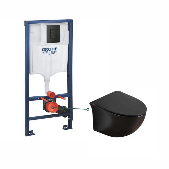 Set vas wc rimless suspendat negru mat, cu capac softclose, Foglia Alice, rezervor incastrat Grohe Solido cu clapeta neagra mata