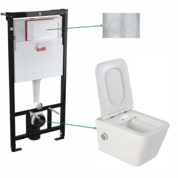 Set vas wc suspendat alb cu functie bideu si baterie crom mat Foglia Safari, rezervor wc incastrat si clapeta aluminiu mat , Alcadrain