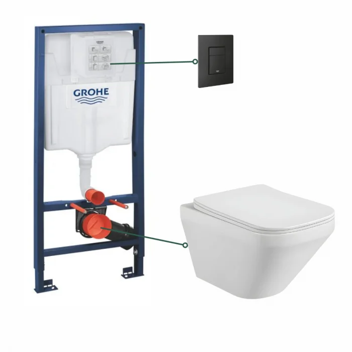 Set vas wc suspendat Bristol Foglia, clapeta negru mat Even, rezervor wc incastrat Grohe Solido