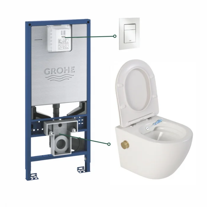 Set vas wc suspendat cu functie bideu alb si baterie inclusa auriu mat Foglia Oslo, rezervor wc incastrat si clapeta alb alpin, Grohe