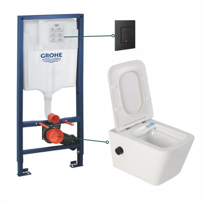 Set vas wc suspendat cu functie bideu alb si baterie inclusa negru mat Foglia Safari, rezervor Grohe Solido 3 in 1 cu clapeta neagru mat Even