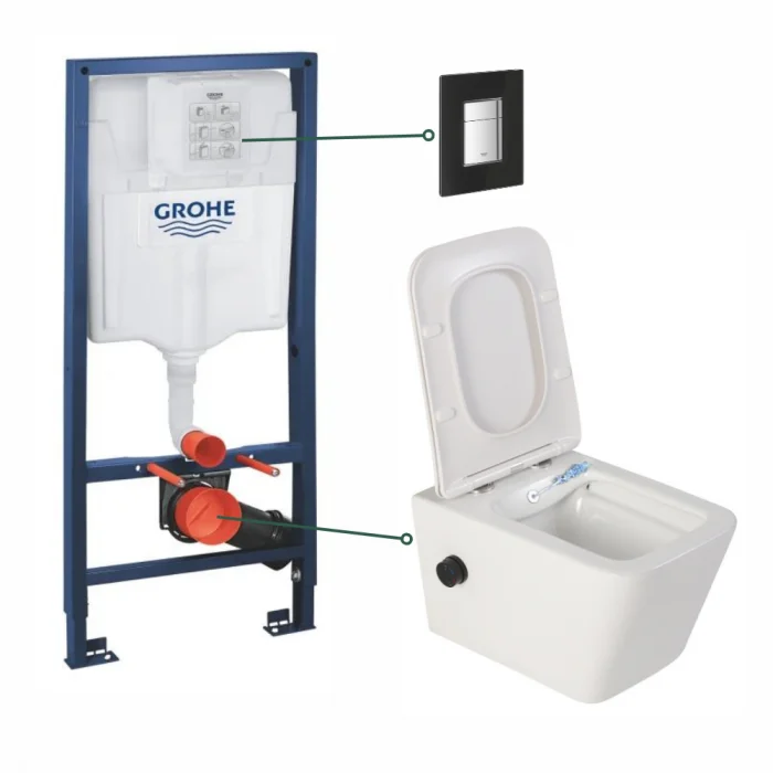 Set vas wc suspendat cu functie bideu alb si baterie inclusa negru mat Foglia Safari, rezervor wc si clapeta neagra din sticla, Grohe