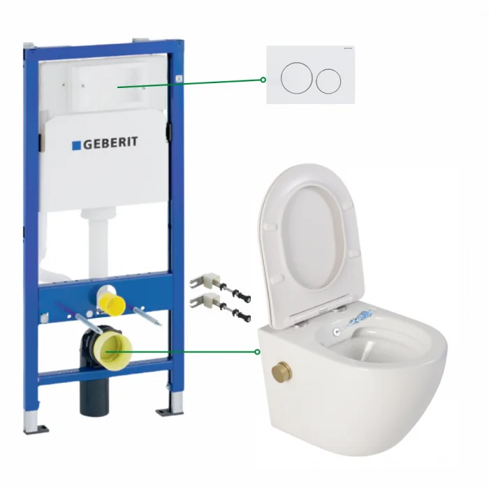 Set vas wc suspendat cu functie bideu si baterie auriu mat Foglia Oslo, rezervor incastrat si clapeta alb lucios, Geberit Delta