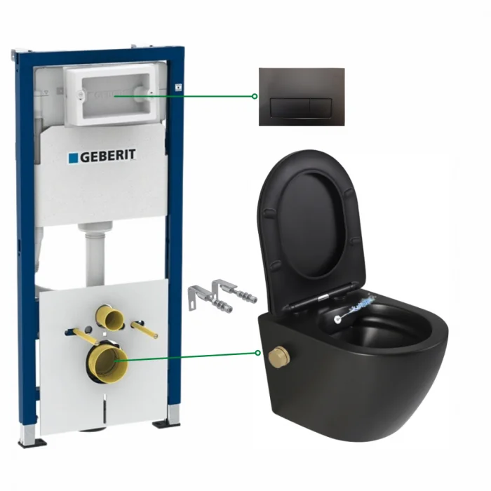 Set vas wc suspendat cu functie bideu si baterie auriu mat inclusa Foglia Oslo, rezervor wc incastrat si clapeta negru lucios Geberit Duofix
