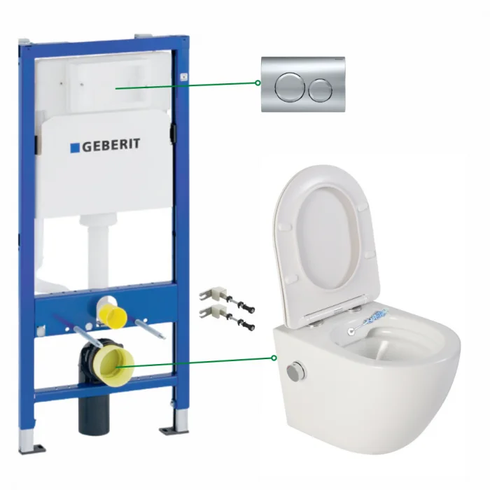 Set vas wc suspendat cu functie bideu si baterie crom Foglia Oslo, rezervor incastrat si clapeta crom lucios, Geberit Delta