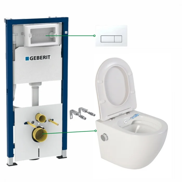 Set vas wc suspendat cu functie bideu si baterie crom Foglia Oslo, rezervor wc incastrat si clapeta alb alpin, Geberit Delta 51