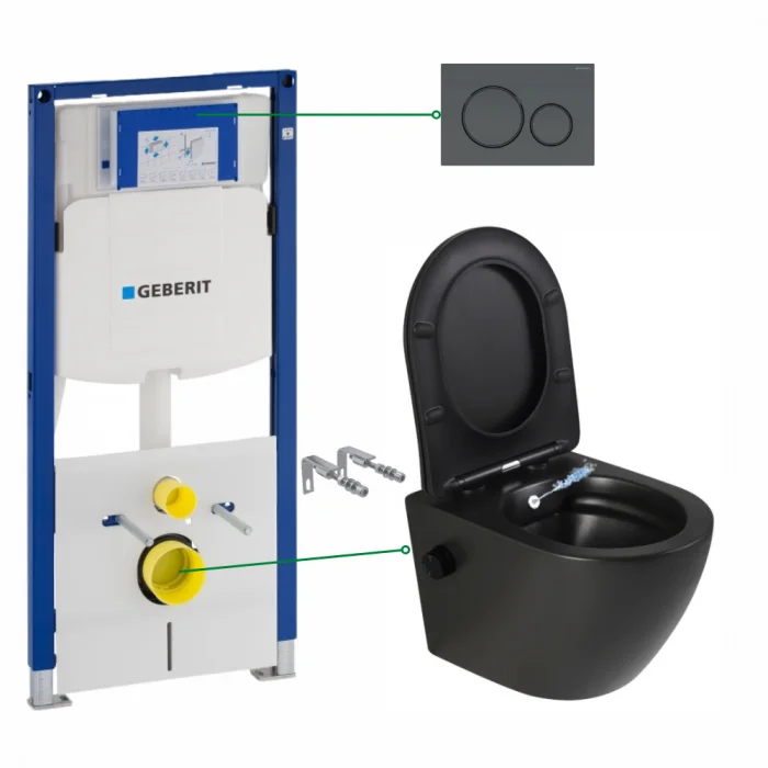 Set vas wc suspendat cu functie bideu si baterie inclusa Foglia Oslo, rezervor wc incastrat si clapeta negru mat, Geberit Sigma