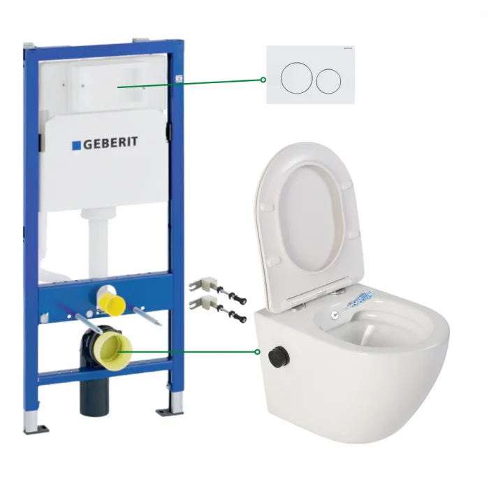 Set vas wc suspendat cu functie bideu si baterie negru mat Foglia Oslo, rezervor incastrat si clapeta alb lucios, Geberit Delta