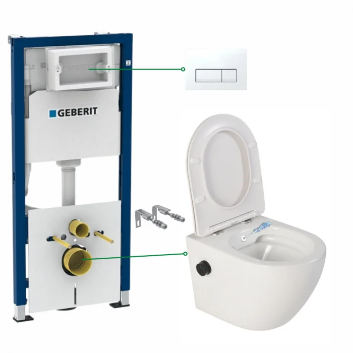 Set vas wc suspendat cu functie bideu si baterie negru mat Foglia Oslo, rezervor wc incastrat si clapeta alb alpin, Geberit Delta 51