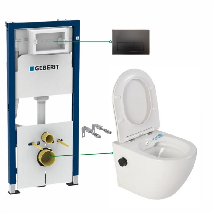 Set vas wc suspendat cu functie bideu si baterie negru mat Foglia Oslo, rezervor wc incastrat si clapeta negru lucios Geberit Duofix