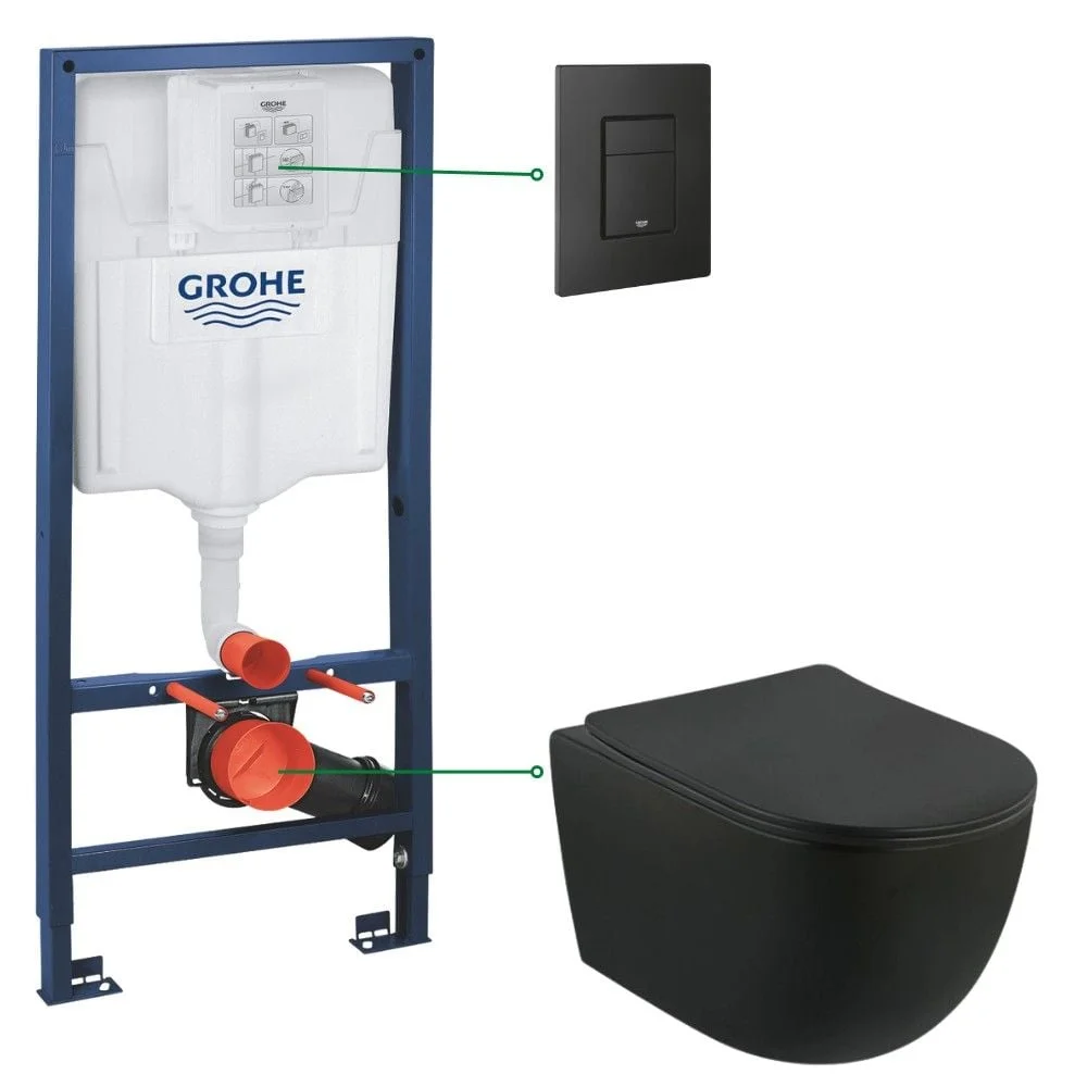Set vas wc suspendat negru mat cu capac soft close Foglia, rezervor incastrat Grohe Solido 3 in 1 cu clapeta neagra mata Even