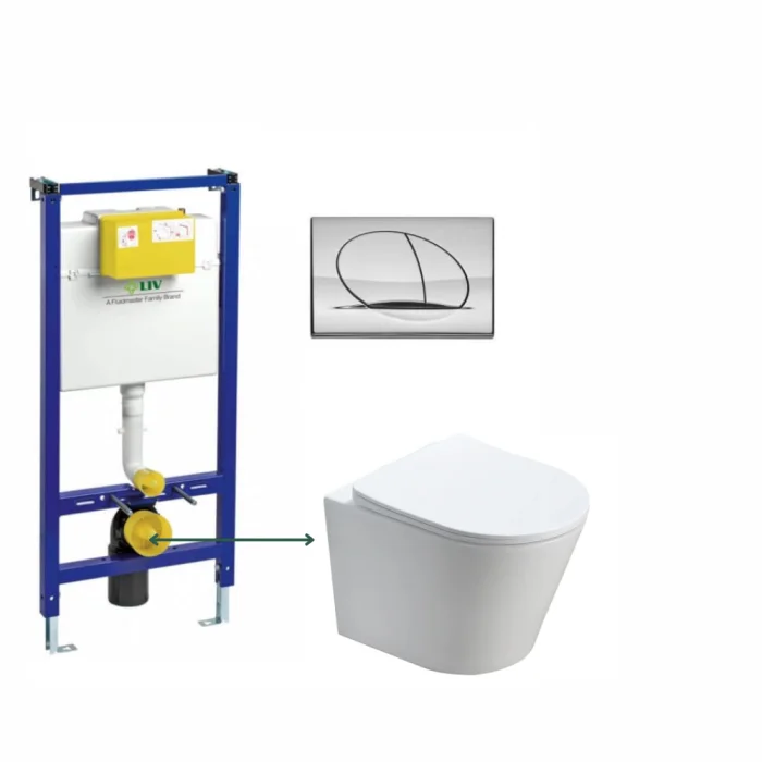 Set vas wc suspendat rimless cu capac quick release si soft close, alb, Fluminia Clementina si rezervor incastrat Liv Jog cu clapeta crom Selenite Duo