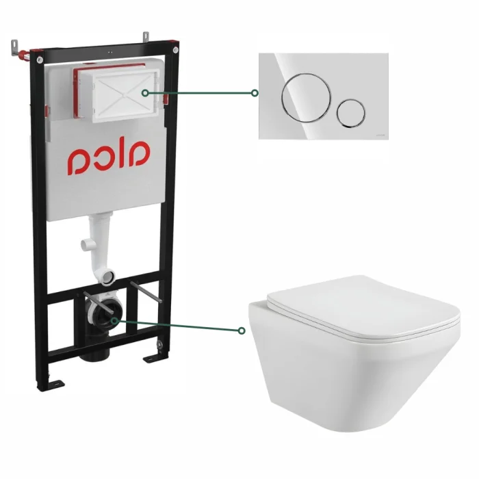 Set vas wc suspendat rimless cu capac soft close Bristol, rezervor incastrat si clapeta crom lucios Cersanit Opti B2