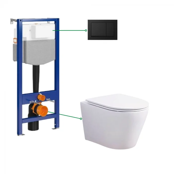 Set vas wc suspendat rimless cu capac soft close Foglia Oslo, rezervor incastrat Cersanit Aqua 50 si clapeta neagra Cersanit Enter II