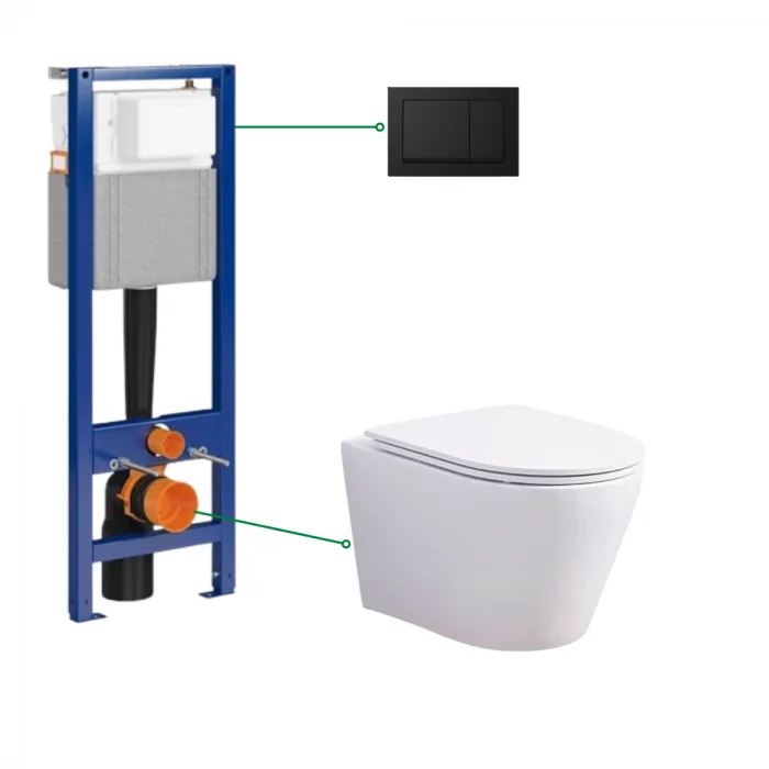 Set vas wc suspendat rimless cu capac soft close Foglia, rezervor incastrat si clapeta neagra Cersanit Enter II