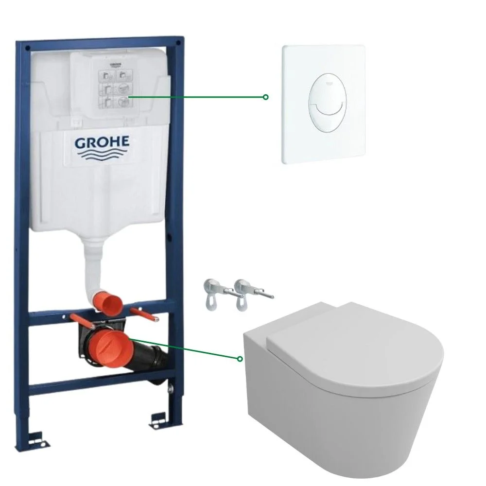 Set vas wc suspendat rimless cu capac soft close Gala Glam, rezervor incastrat si clapeta alba Skate Air Grohe