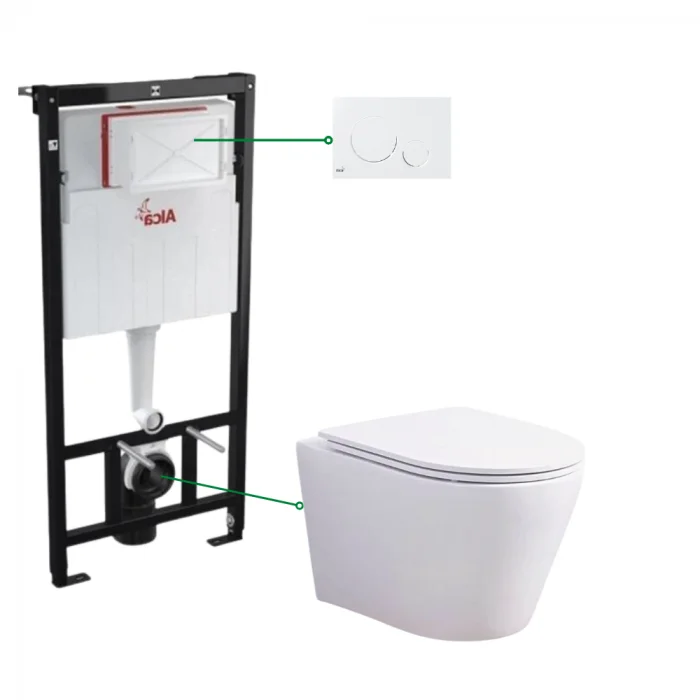 Set vas wc suspendat rimless cu capac soft close Oslo Foglia, rezervor incastrat si clapeta crom lucios, Alcaplast