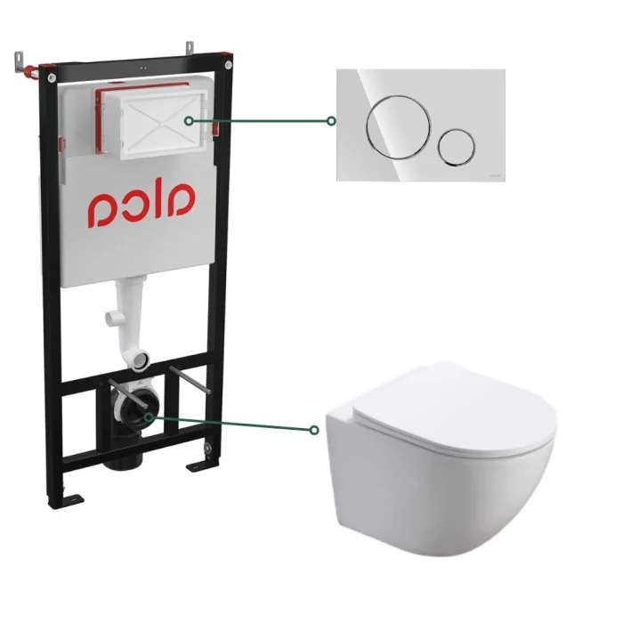 Set vas wc suspendat rimless cu capac soft close Oslo,  rezervor wc incastrat si clapeta crom lucios Cersanit Opti B2