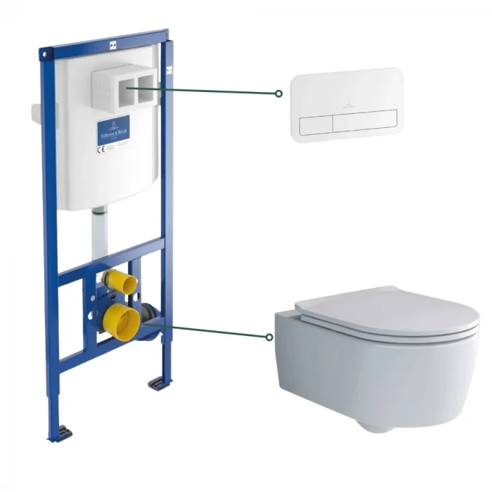 Set vas wc suspendat rimless cu capac soft close, rezervor incastrat si clapeta alba Villeroy  Boch