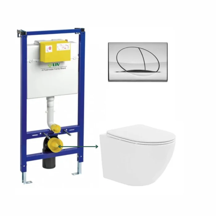 Set vas wc suspendat, tornado, alb, cu capac softclose, Fluminia Ricci cu rezervor incastrat Liv Jog si clapeta crom lucios Selenite Duo