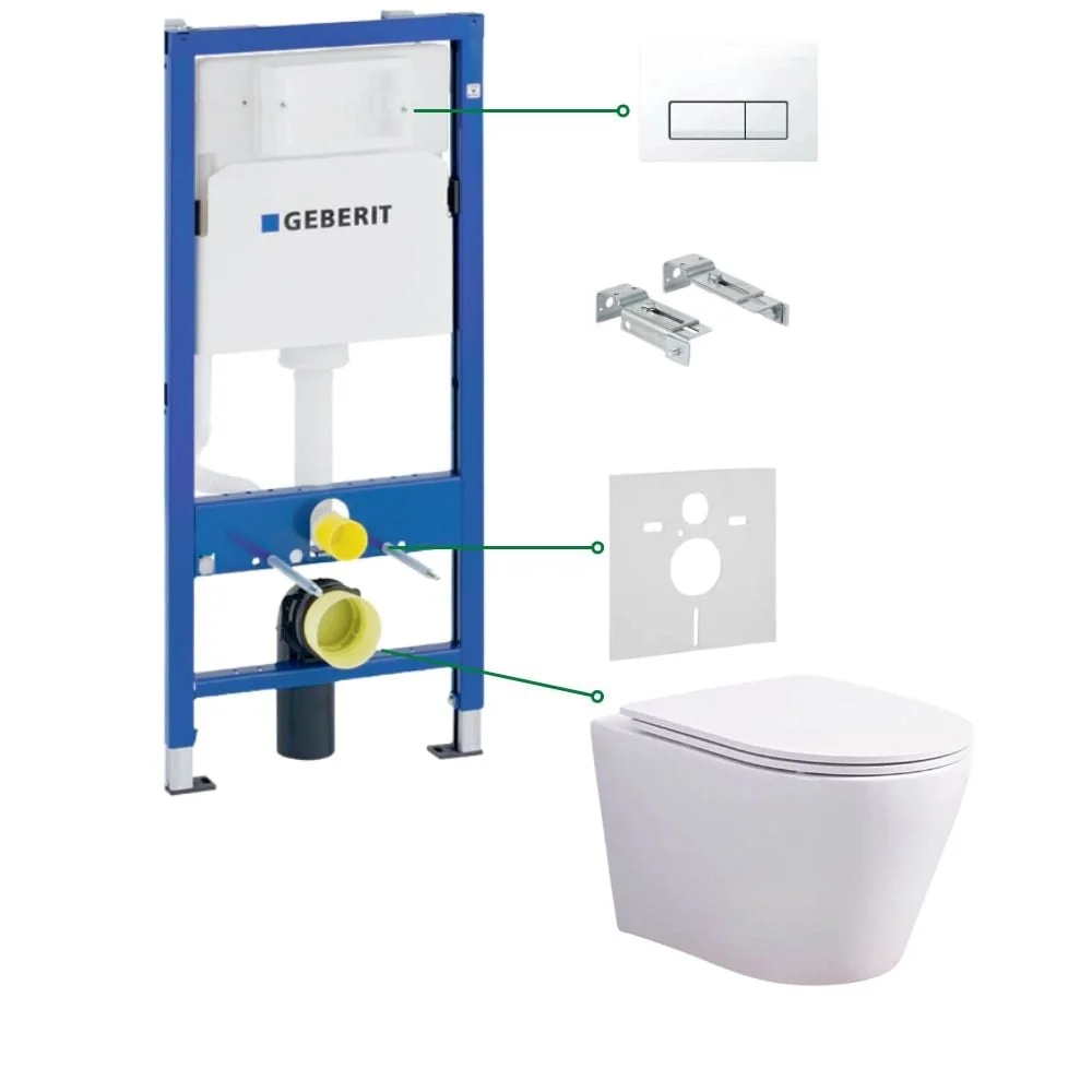 Set vas wc suspendat vortex cu capac soft close Oslo, rezervor incastrat, set fixare, izolare fonica si clapeta alba