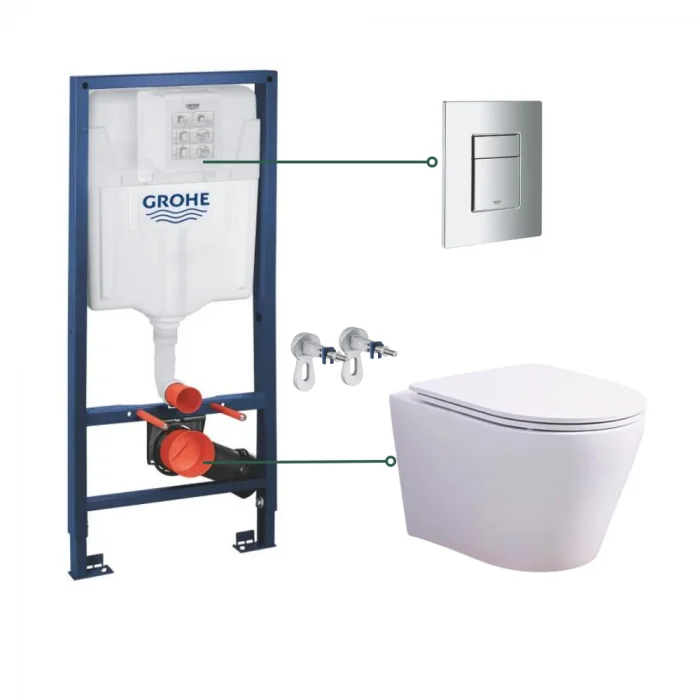 Set vas wc suspendat Vortex cu capac soft close Oslo si set rezervor wc incastrat Grohe Rapid SL cu set fixare si clapeta crom Skate Cosmopolitan Grohe