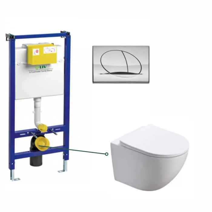 Set vas wc vortex suspendat, rotund, Foglia Oslo, rezervor incastrat Liv Jog si clapeta crom lucios Selenite Duo