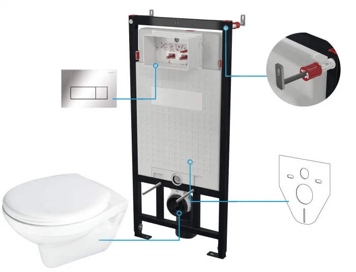Set wc ingropat, 6 in 1, crom, cadru cu vas wc, capac si buton spalare, Deante Boro