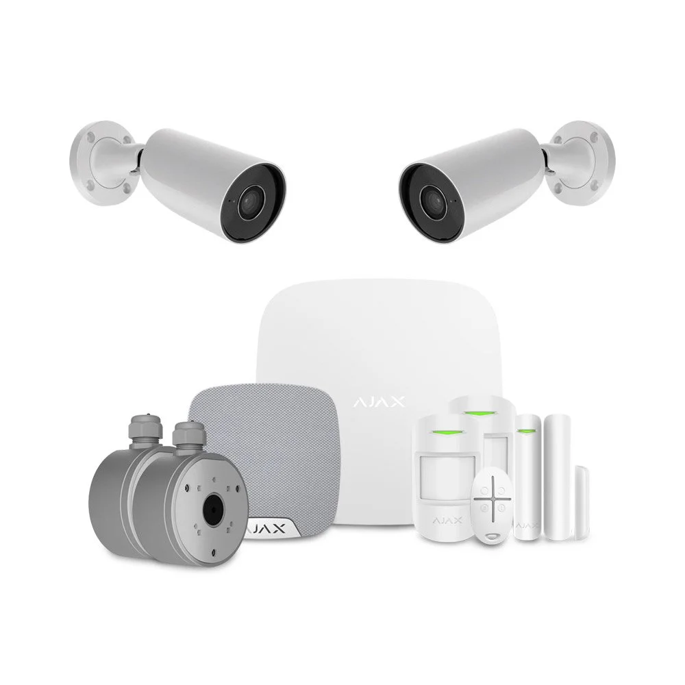Sistem alarma wireless si camere exterior IP Ajax CCTV Intrusion Security, 2 camere, 8 MP, 2.8 mm, IR 35 m, microfon, slot card, detectie om/vehicul/animal prin AI, pet immunity, 868 MHz, buton de panica