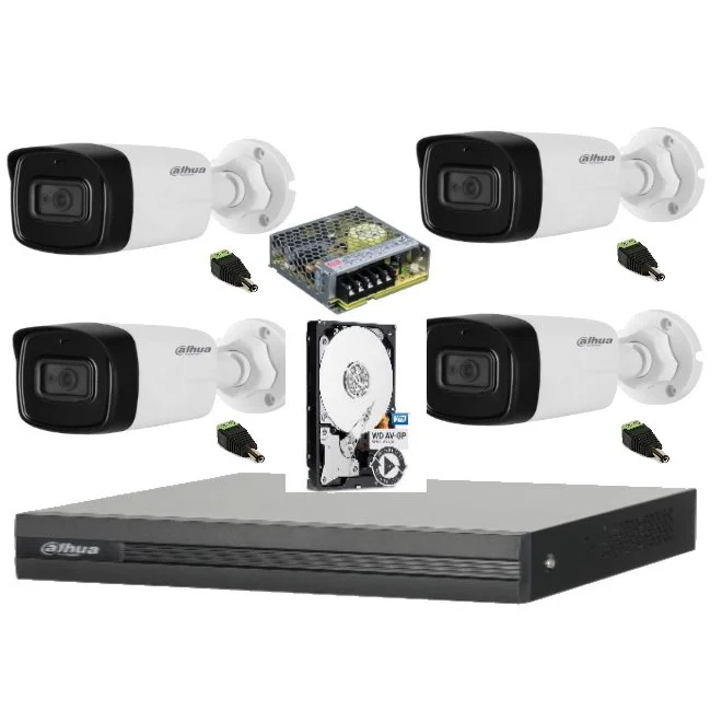 Sistem complet de supraveghere Dahua DH-4CEXT80MA-5MP HDCVI cu 4 camere de exterior de 5MP, 3.6mm, IR 80m, microfon