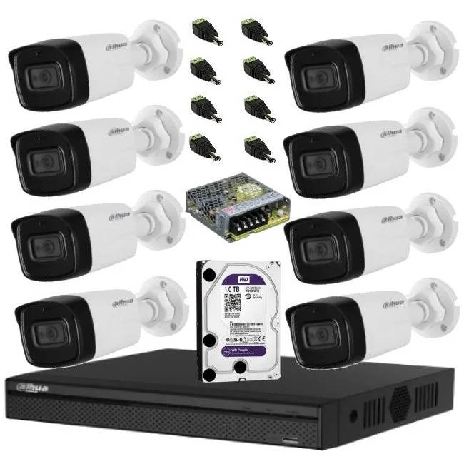 Sistem complet de supraveghere Dahua DH-8CEXT80MA-5MP HDCVI cu 8 camere de exterior de 5MP, 2.8mm, IR 80m, microfon