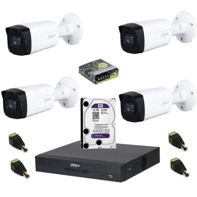 Sistem de supraveghere Dahua DH-4CEXT80M-2MPS HDCVI cu 4 camere de exterior de 2MP, IR 80m, Starlight, microfon