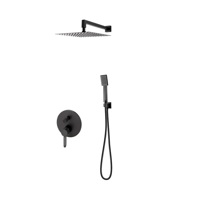 Sistem dus negru mat 6 in 1, baterie incastrata, cap dus fix, brat, para, furtun si racord, Zaffiro, FDesign