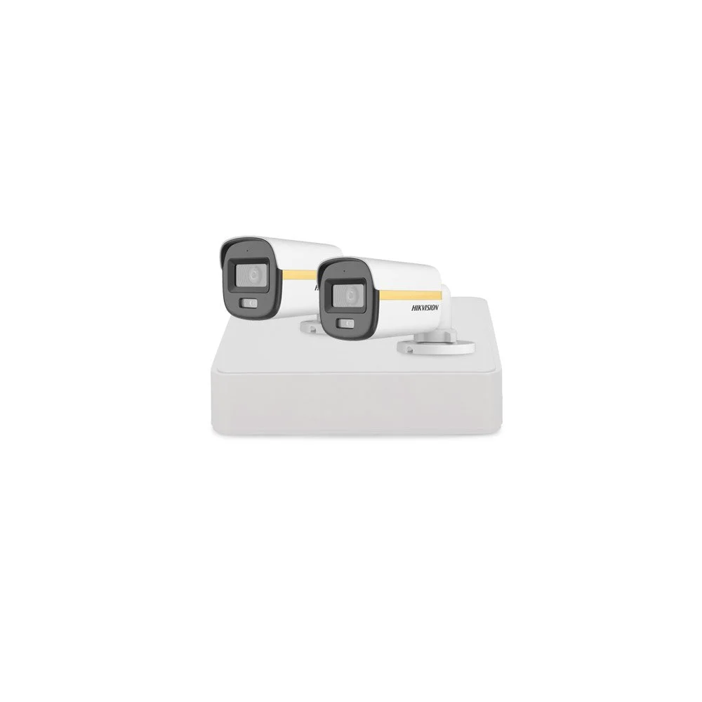 Sistem supraveghere exterior basic HikVision, 2 camere, 2 MP, 2.8 mm, IR/Lumina alba 30/20 m, PoC, microfon
