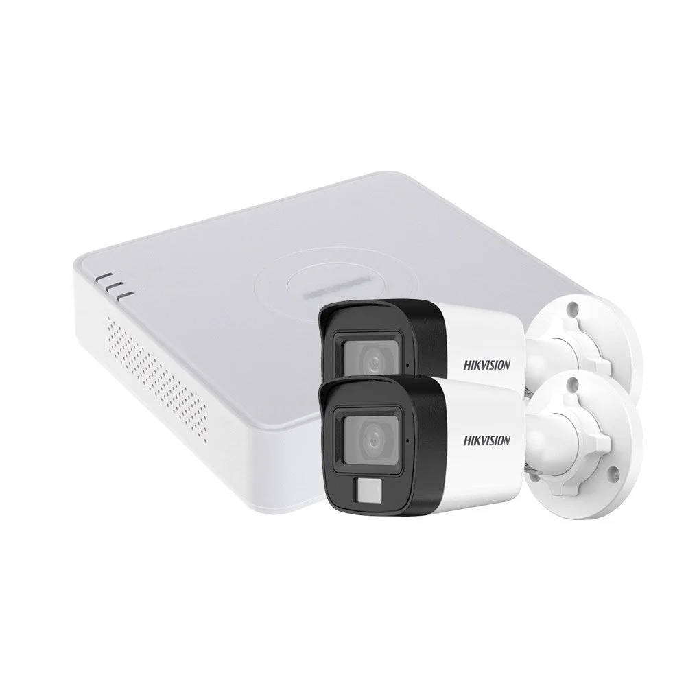 Sistem supraveghere exterior basic HikVision, 2 camere, 5 MP, IR 25 m, lumina alba 20 m, 2.8 mm, microfon