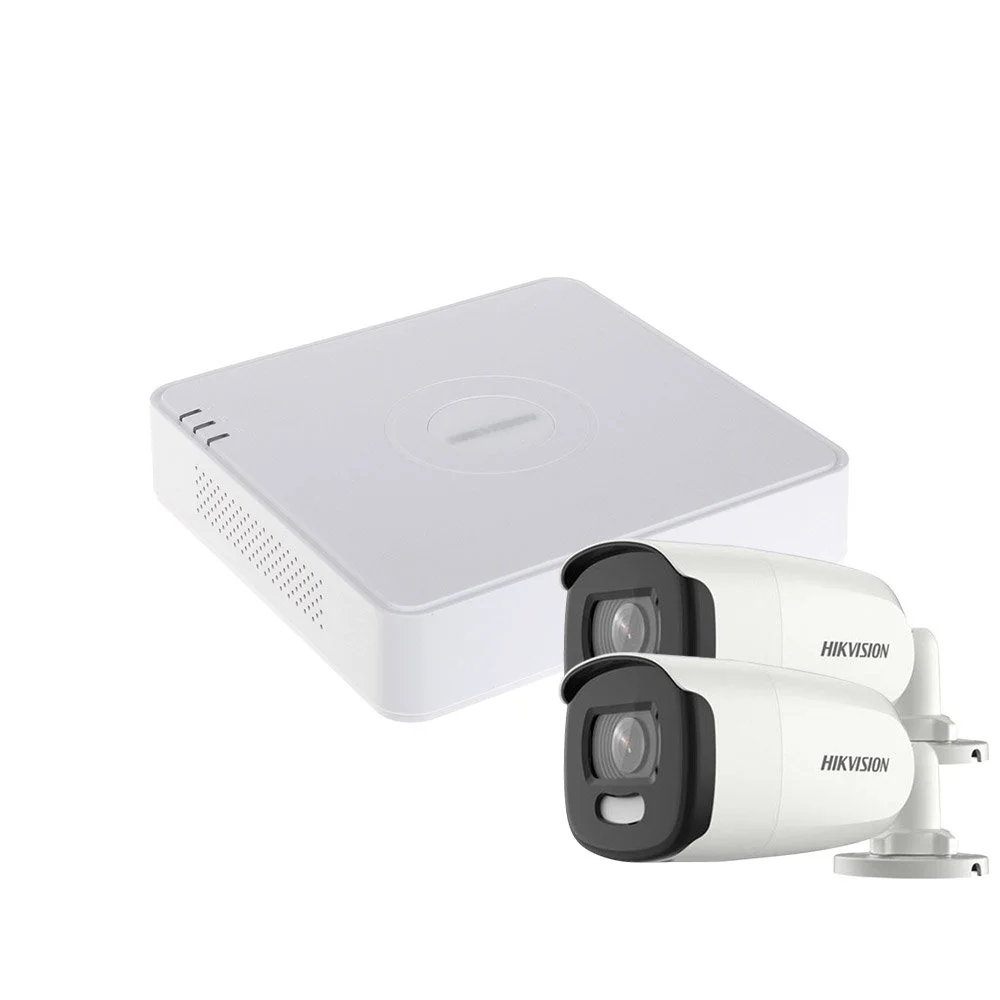 Sistem supraveghere exterior basic HikVision, 2 camere, 5 MP, lumina alba 20 m, 2.8 mm, stroboscop
