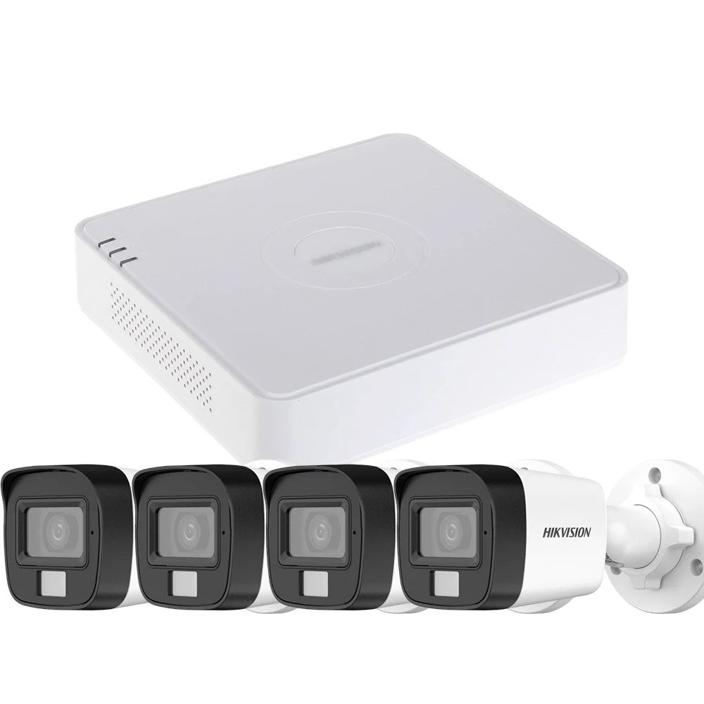 Sistem supraveghere exterior basic HikVision, 4 camere, 5 MP, IR 25 m, lumina alba 20 m, 2.8 mm, microfon