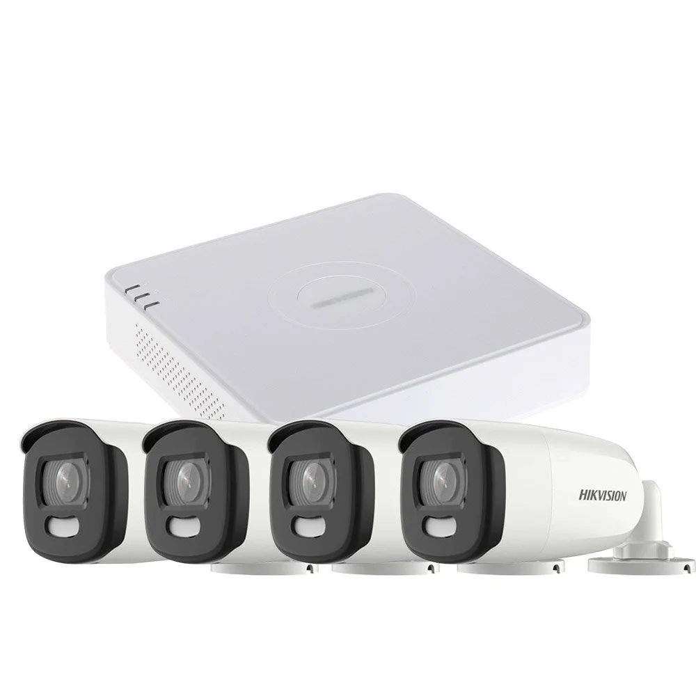 Sistem supraveghere exterior basic HikVision, 4 camere, 5 MP, lumina alba 20 m, 2.8 mm, stroboscop