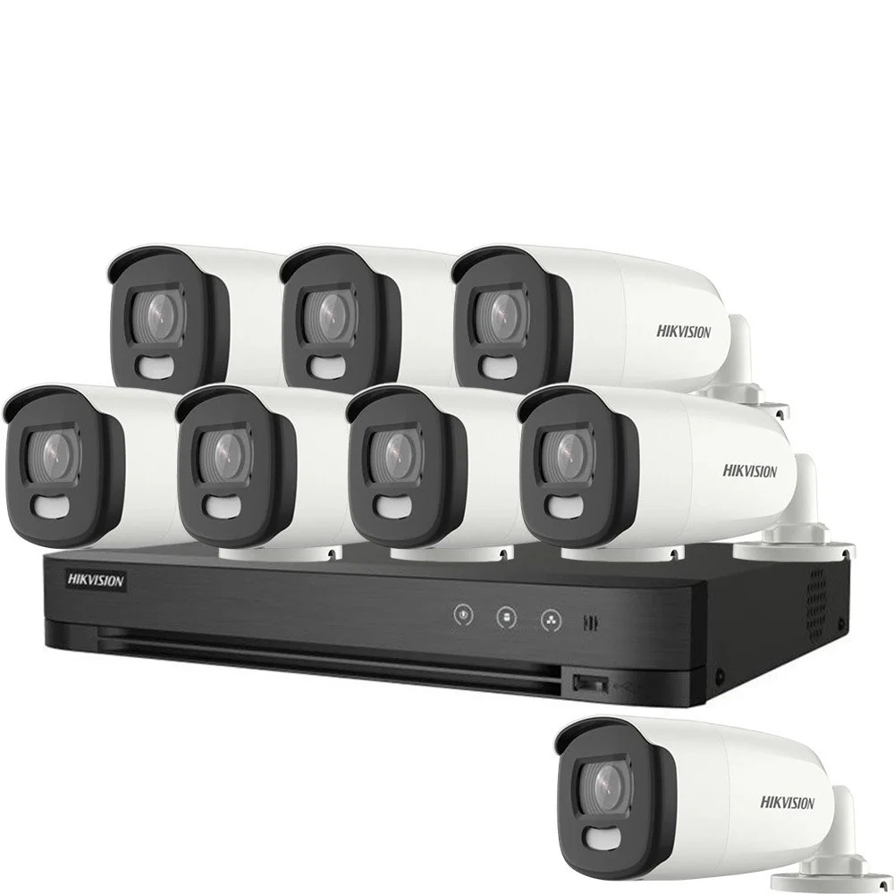 Sistem supraveghere exterior basic HikVision, 8 camere, 5 MP, lumina alba 20 m, 2.8 mm, stroboscop