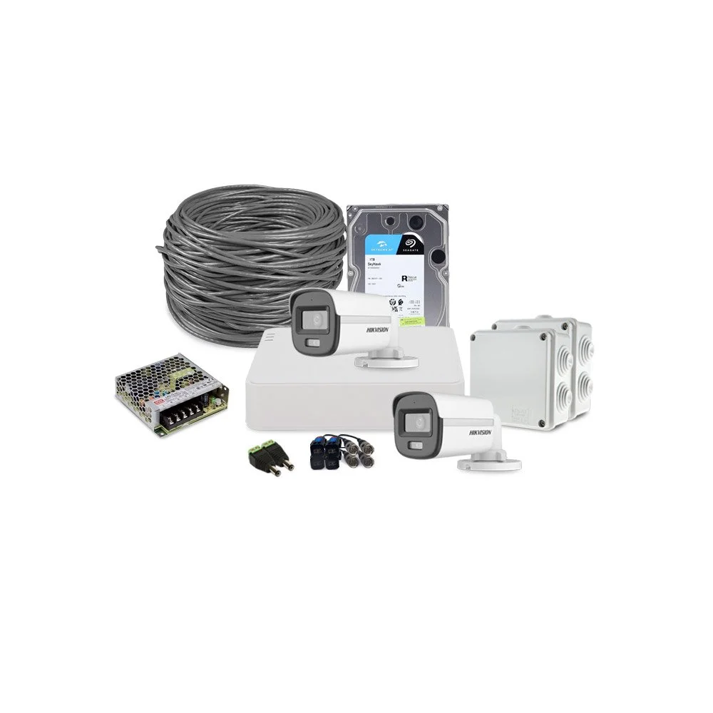 Sistem supraveghere exterior complet HikVision, 2 camere, 2 MP, 2.8 mm, IR/lumina alba 20 m, microfon, HDD 1 TB