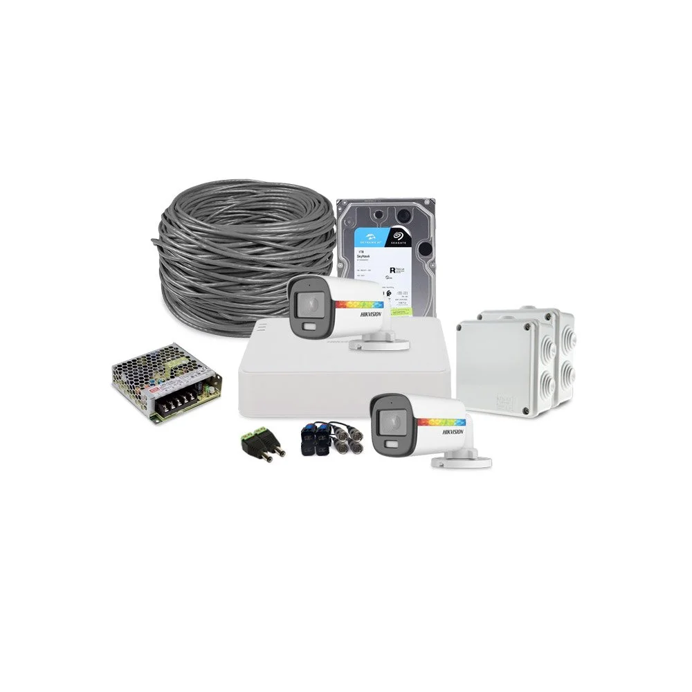 Sistem supraveghere exterior complet HikVision, 2 camere, 2 MP, lumina alba 20 m, 2.8 mm, microfon, HDD 1 TB
