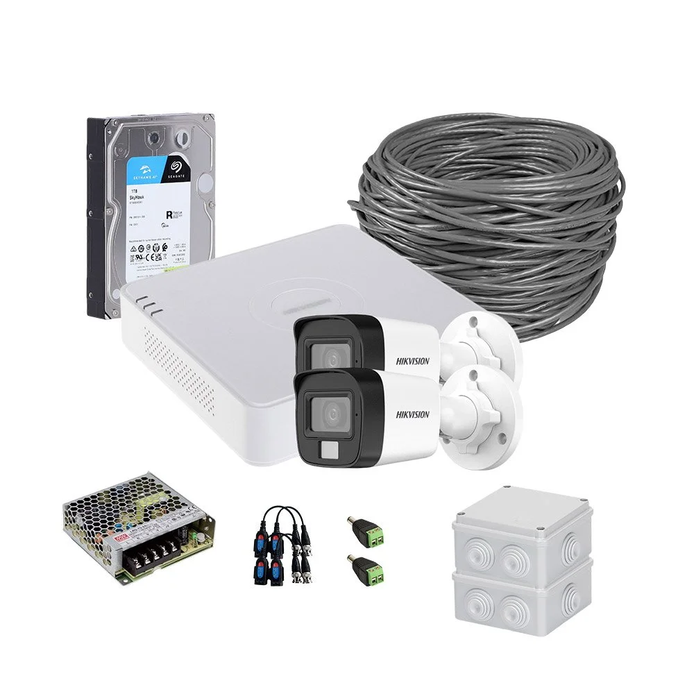 Sistem supraveghere exterior complet HikVision, 2 camere, 5 MP, IR 30 m, lumina alba 20 m, 2.8 mm, microfon, HDD 1TB