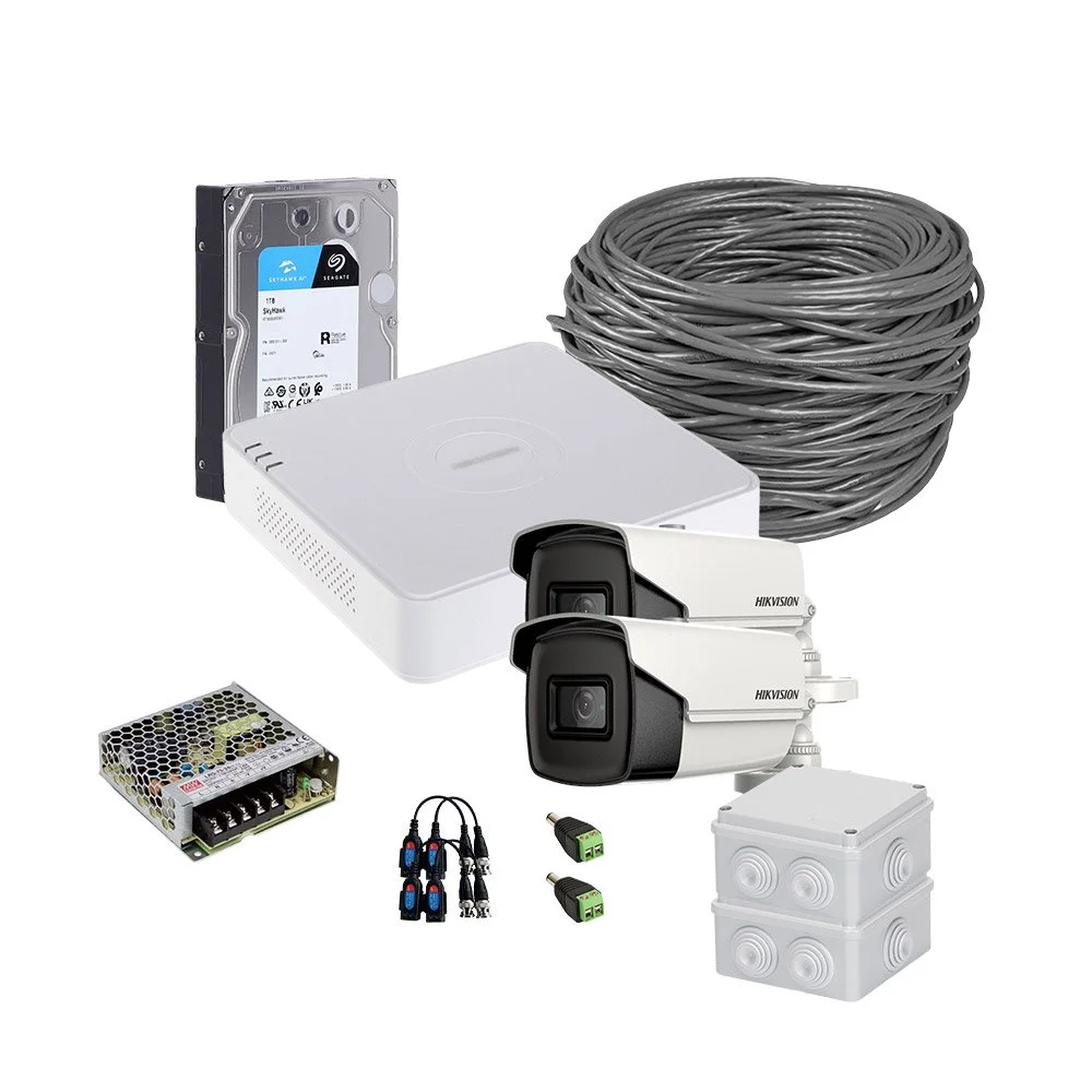 Sistem supraveghere exterior complet HikVision, 2 camere, 5 MP, IR 60 m, 2.8 mm, HDD 1TB