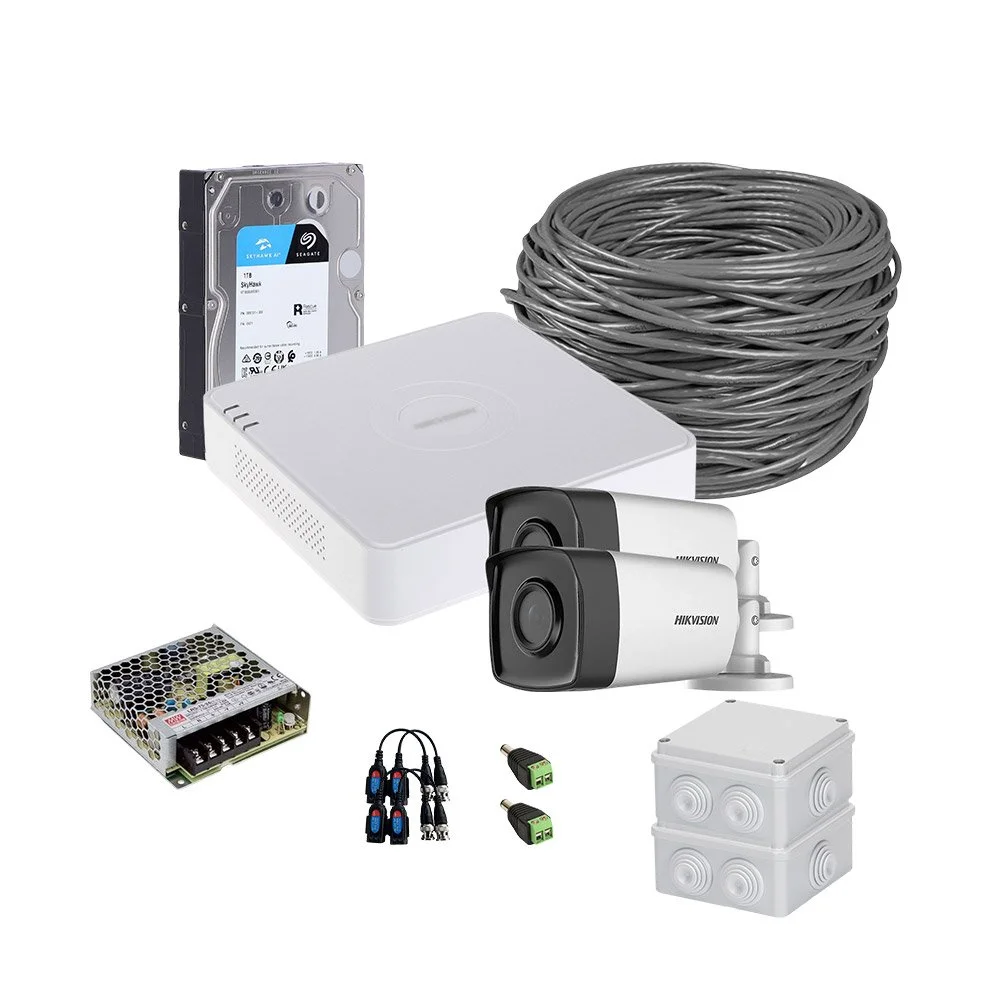 Sistem supraveghere exterior complet HikVision, 2 camere, 5 MP, IR 80 m, 3.6 mm, HDD 1TB