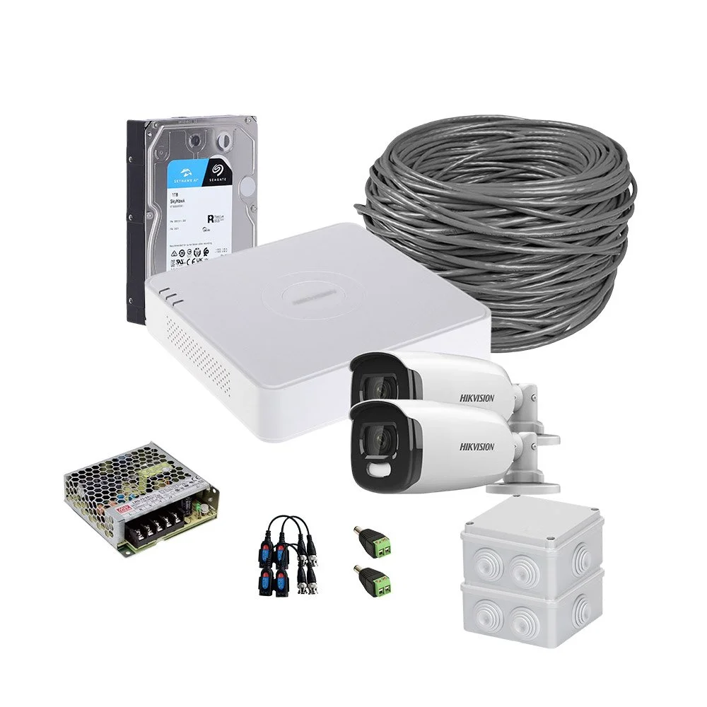 Sistem supraveghere exterior complet HikVision, 2 camere, 5 MP, lumina alba 40 m, 2.8 mm, HDD 1TB