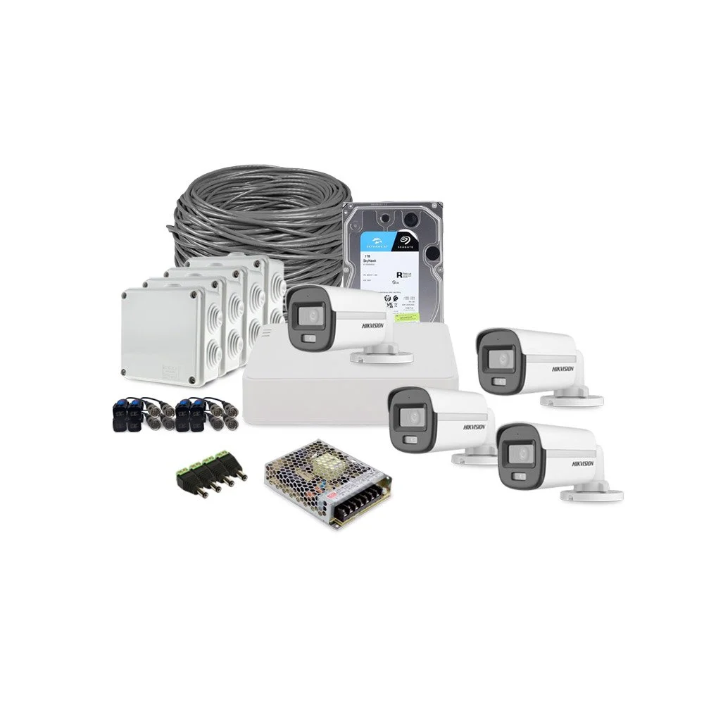 Sistem supraveghere exterior complet HikVision, 4 camere, 2 MP, 2.8 mm, IR/lumina alba 20 m, microfon, HDD 1 TB